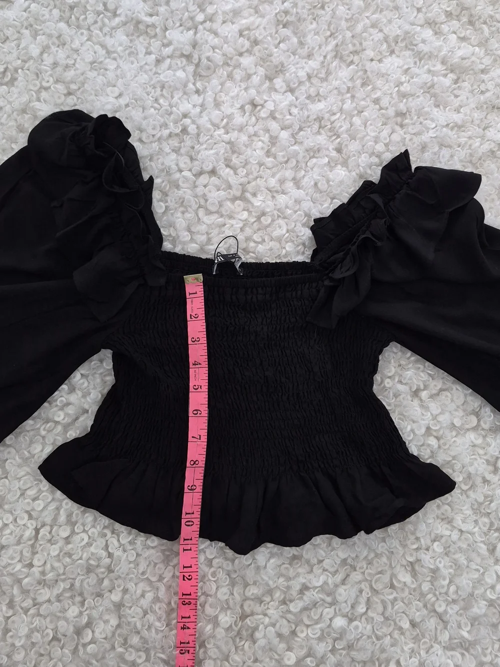 BNWT Zara Smocked Ruffled Puff Sleeve Crop Black Top S Cottagecore Boho Romantic - Picture 10 of 14